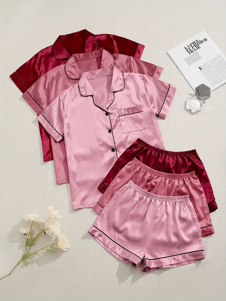 3 Sets Satin Pajama Set, Short Sleeve Lapel Top & Elastic Waistband Shorts, Women's Sleepwear & Loungewear