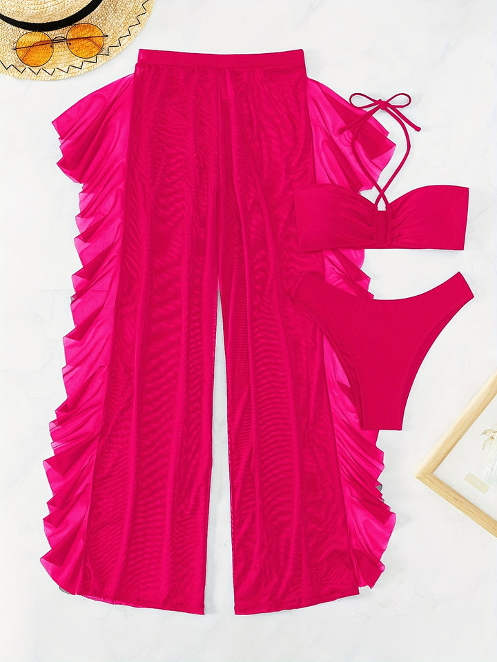 Pure Black Sexy Semi-Sheer Fashion Ruched Crisscross Strap Mesh Panty Bikini Set for Women