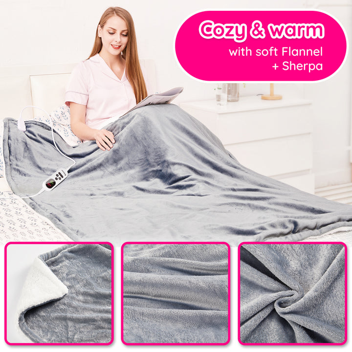 Electric Heated Blanket Throw 180 x 130 cm, Flannel Sherpa, Fast Heating, 10 Temperature Settings, Timer 9 Hrs Auto-Shutdown, Big Screen, for Home or Office, Machine Washable, ETL Certified, Gray