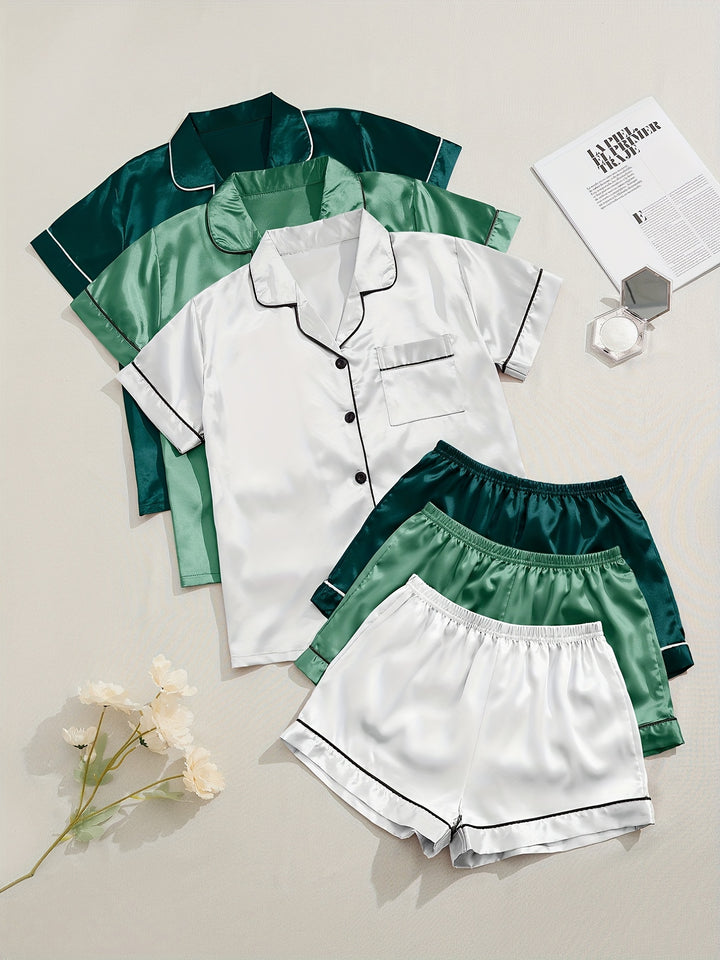 3 Sets Satin Pajama Set, Short Sleeve Lapel Top & Elastic Waistband Shorts, Women's Sleepwear & Loungewear