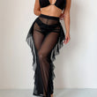 Pure Black Sexy Semi-Sheer Fashion Ruched Crisscross Strap Mesh Panty Bikini Set for Women