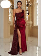 Wine Sequin Velvet Evening Dress