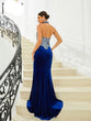 Missord Elegant halter Blue Velvet Sleeveless Cutout Sequin Dress