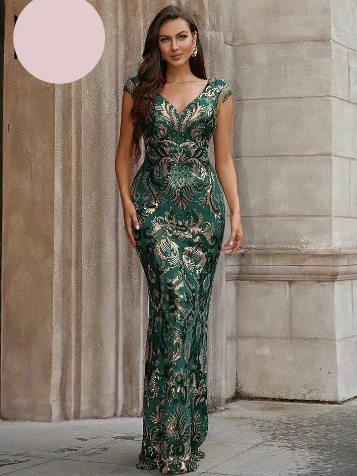 Luxury Green Glittery Sequin V-neck Tassels Bodycon  Dress