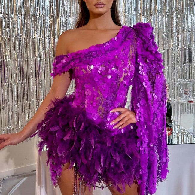 Luxury Purple Sequined Feather Skirt One-shoulder Sleeve Short Dress