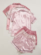 3 Sets Satin Pajama Set, Short Sleeve Lapel Top & Elastic Waistband Shorts, Women's Sleepwear & Loungewear