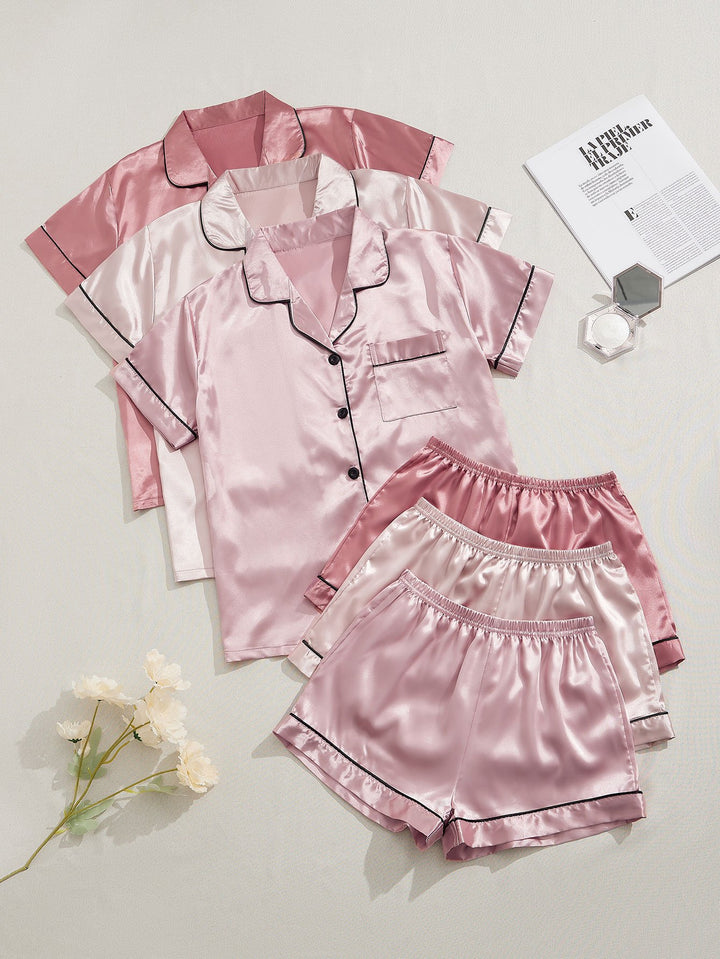 3 Sets Satin Pajama Set, Short Sleeve Lapel Top & Elastic Waistband Shorts, Women's Sleepwear & Loungewear