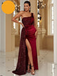 Wine Sequin Velvet Evening Dress