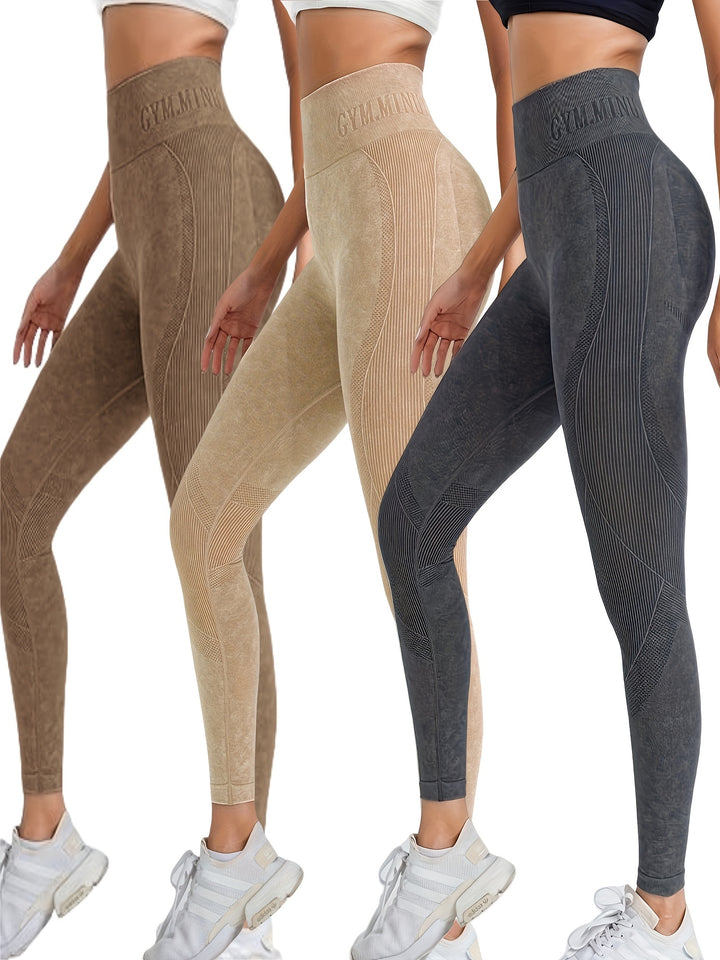 3PCS Womens Hiden Scrunch Sand Wash Print Yoga Pants - Stretchy, Seamless Leggings For Fitness, Running