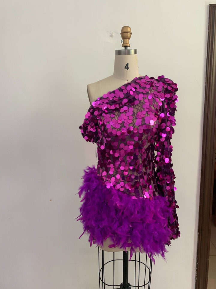 Luxury Purple Sequined Feather Skirt One-shoulder Sleeve Short Dress