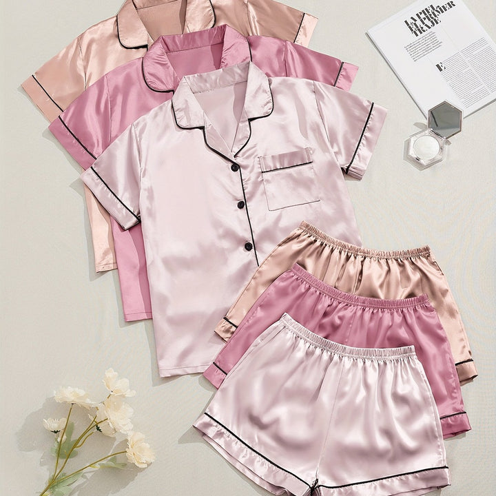 3 Sets Satin Pajama Set, Short Sleeve Lapel Top & Elastic Waistband Shorts, Women's Sleepwear & Loungewear