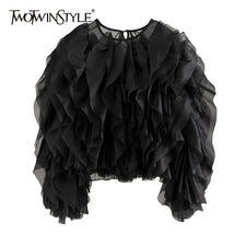 TWOTWINSTYLE Vintage Patchwork Ruffle Shirt For Women O Neck Lantern Long Sleeve Solid Elegant Blouse Female Fashion New Style