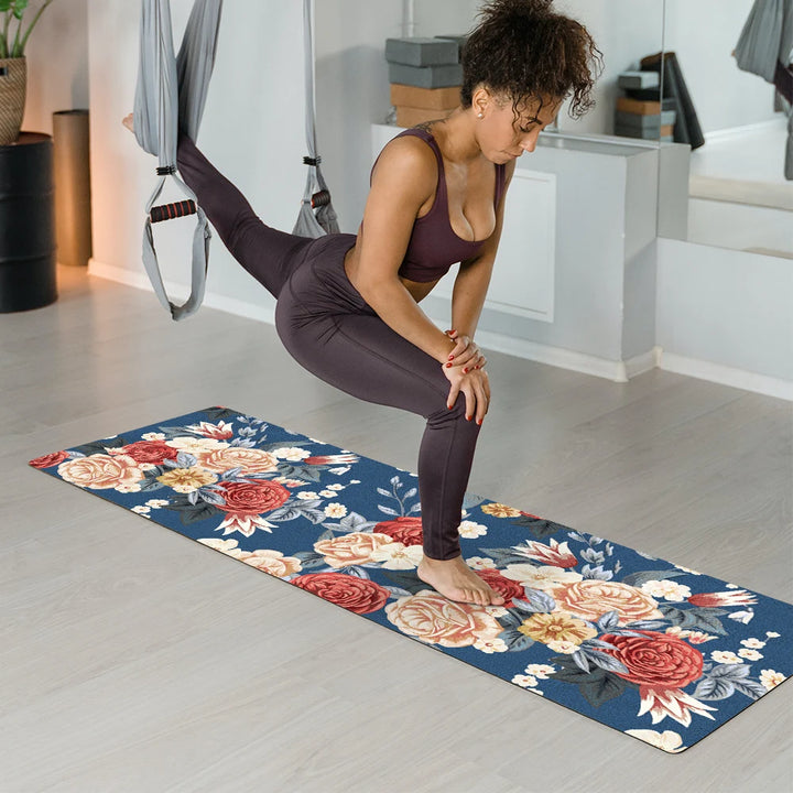 WT020 Custom Eco-Friendly 3mm Yoga Mat Nature Rubber with Blue Rose Flower Design Pilate Gym Exercise Suede Mat Stock Available