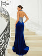 Missord 2023 Blue Velvet Evening Dresses Women Elegant Halter Sleeveless Cutout Sequin Thigh Split Maxi Mermaid Party Prom Dress