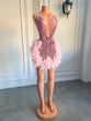 Luxury Sheer Neckline  Cocktail feather pink Dress