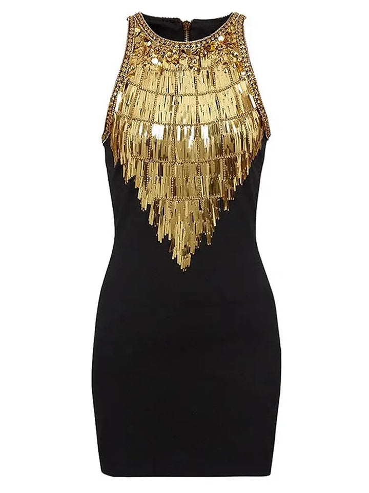Black Sequined Metal Beaded Elastic pencil  Dress