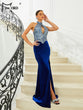 Missord 2023 Blue Velvet Evening Dresses Women Elegant Halter Sleeveless Cutout Sequin Thigh Split Maxi Mermaid Party Prom Dress