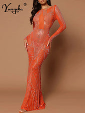 Sexy see through rhinestone bodycon summer dress women backless maxi glitter club birthday party dress evening dresses vestidos