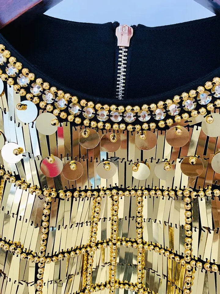 Black Sequined Metal Beaded Elastic pencil  Dress