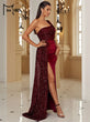 Missord Wine Sequin Velvet Evening Dress 2023 Elegant Women One Shoulder Draped Split Guest Wedding Party Prom Dresses Long Gown