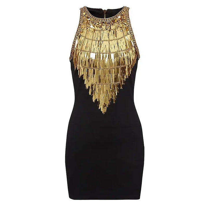 Black Sequined Metal Beaded Elastic pencil  Dress