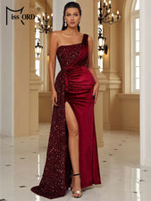 Missord Wine Sequin Velvet Evening Dress 2023 Elegant Women One Shoulder Draped Split Guest Wedding Party Prom Dresses Long Gown