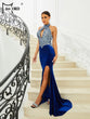 Missord 2023 Blue Velvet Evening Dresses Women Elegant Halter Sleeveless Cutout Sequin Thigh Split Maxi Mermaid Party Prom Dress