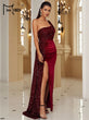 Missord Wine Sequin Velvet Evening Dress 2023 Elegant Women One Shoulder Draped Split Guest Wedding Party Prom Dresses Long Gown