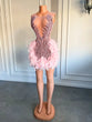 Luxury Sheer Neckline  Cocktail feather pink Dress