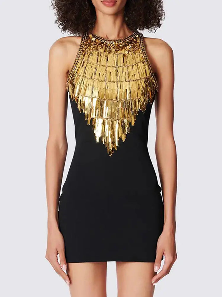 Black Sequined Metal Beaded Elastic pencil  Dress