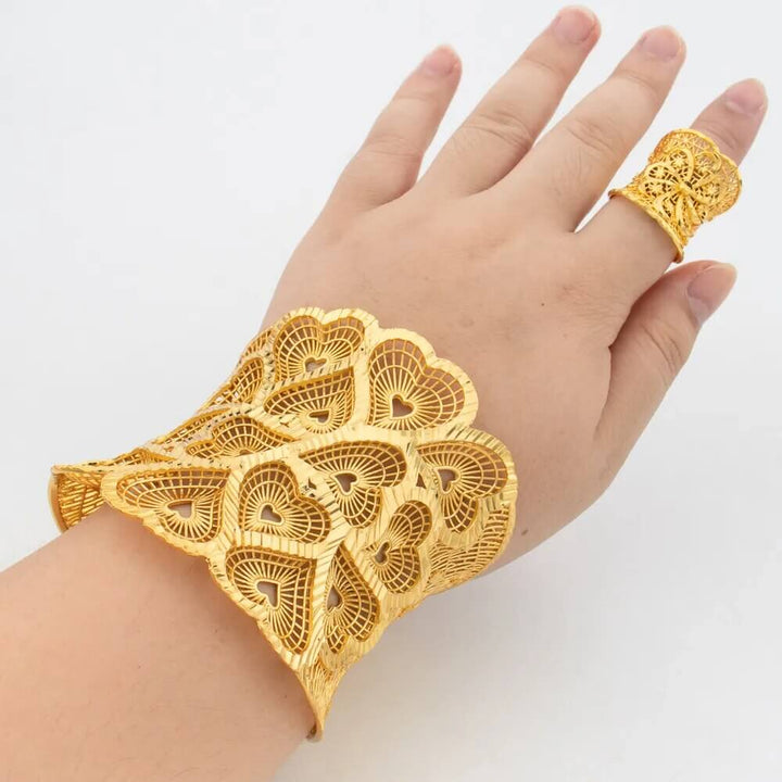 Dubai Cuff Bangle with Ring For Women 18k Gold