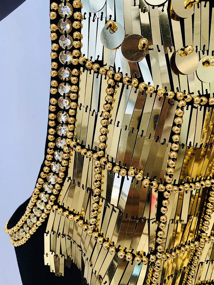 Black Sequined Metal Beaded Elastic pencil  Dress