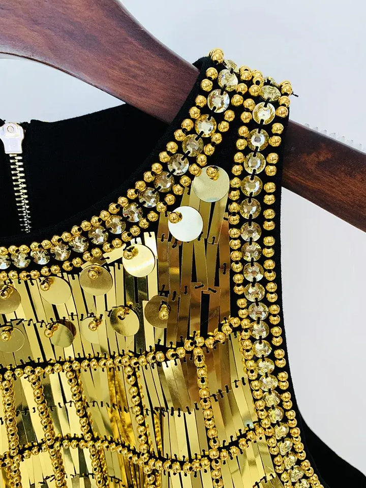 Black Sequined Metal Beaded Elastic pencil  Dress