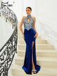 Missord 2023 Blue Velvet Evening Dresses Women Elegant Halter Sleeveless Cutout Sequin Thigh Split Maxi Mermaid Party Prom Dress