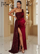 Missord Wine Sequin Velvet Evening Dress 2023 Elegant Women One Shoulder Draped Split Guest Wedding Party Prom Dresses Long Gown