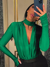 Mueyaruho 2023 Winter Spring Women Sexy Deep V-neck Green Bodysuit Solid Long Sleeve Body Tops For Women