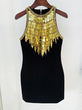 Black Sequined Metal Beaded Elastic pencil  Dress