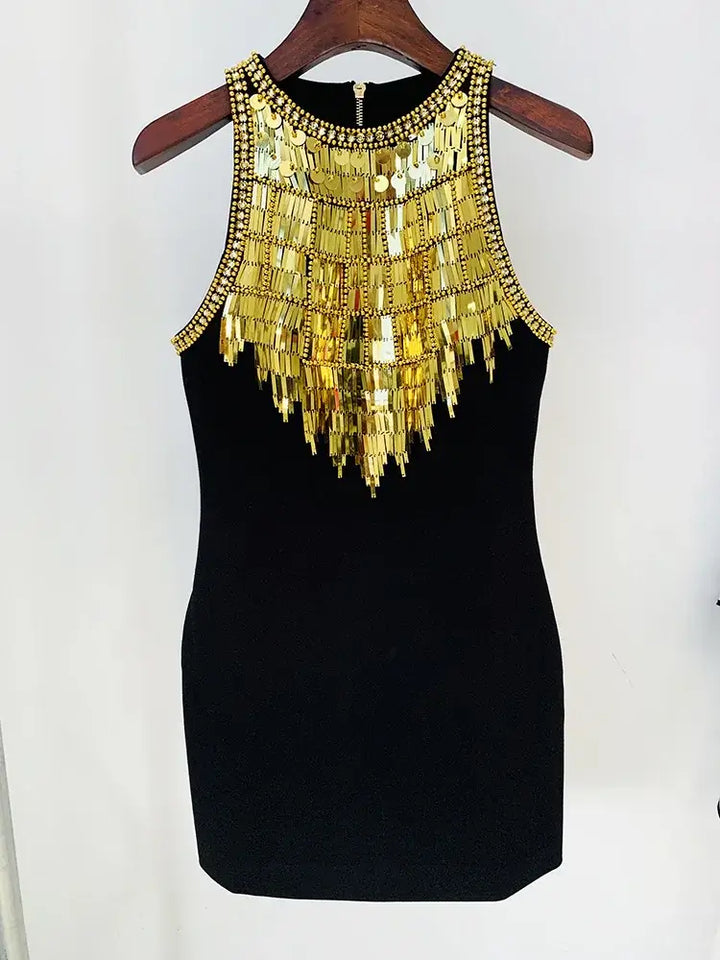 Black Sequined Metal Beaded Elastic pencil  Dress