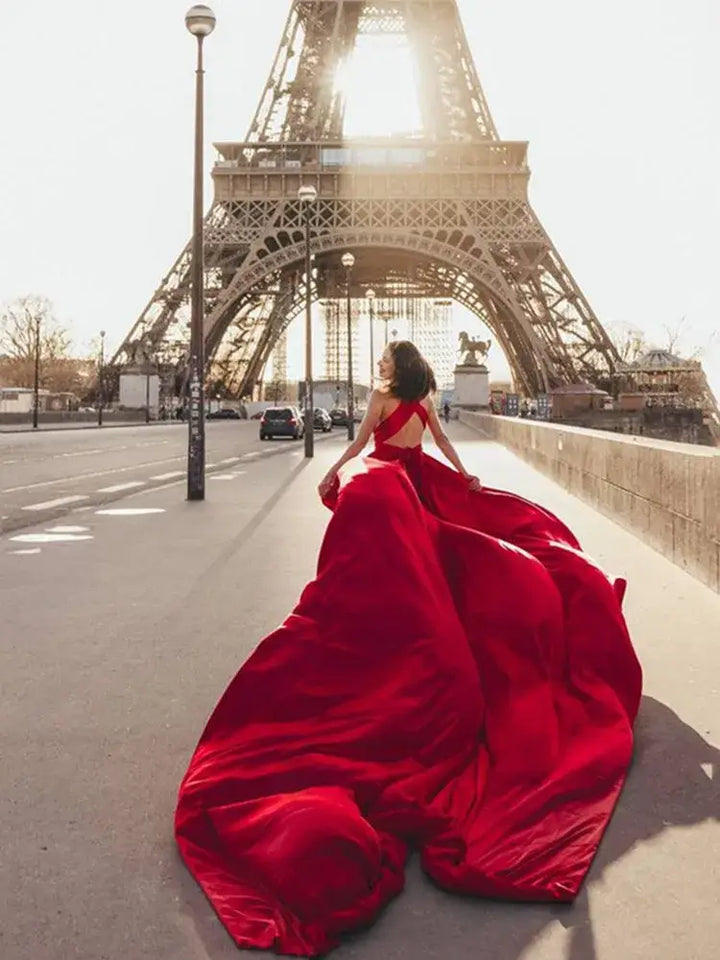 Halter Burgundy Evening Long train prom Dress