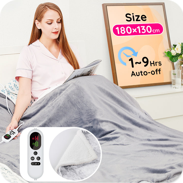 Electric Heated Blanket Throw 180 x 130 cm, Flannel Sherpa, Fast Heating, 10 Temperature Settings, Timer 9 Hrs Auto-Shutdown, Big Screen, for Home or Office, Machine Washable, ETL Certified, Gray