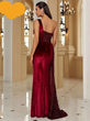 Wine Sequin Velvet Evening Dress