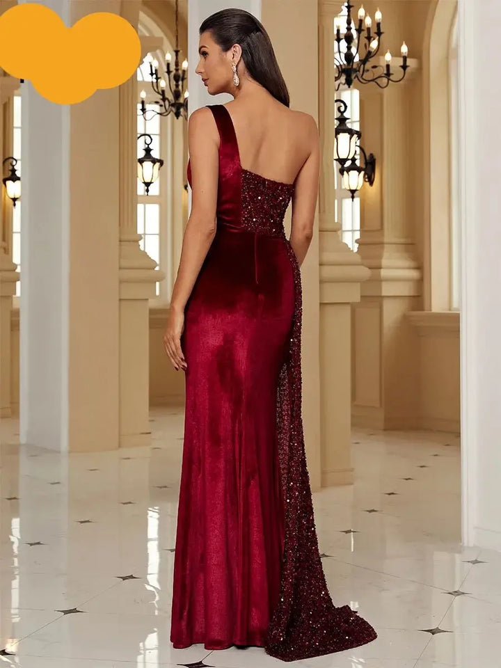 Wine Sequin Velvet Evening Dress