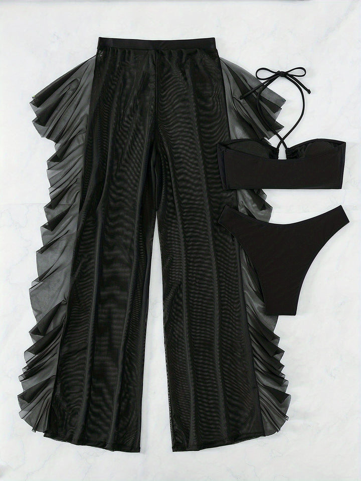 Pure Black Sexy Semi-Sheer Fashion Ruched Crisscross Strap Mesh Panty Bikini Set for Women