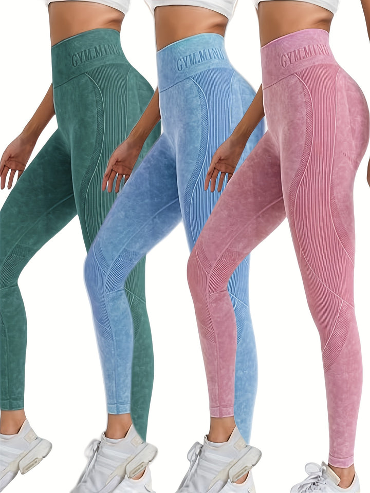 3PCS Womens Hiden Scrunch Sand Wash Print Yoga Pants - Stretchy, Seamless Leggings For Fitness, Running