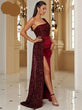 Wine Sequin Velvet Evening Dress