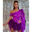 Luxury Purple Sequined Feather Skirt One-shoulder Sleeve Short Dress