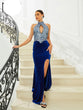 Missord Elegant halter Blue Velvet Sleeveless Cutout Sequin Dress