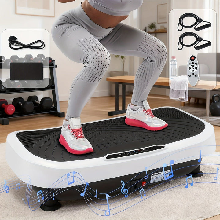 Multi-Functional Vibration Plate 120-Speed Adjustable 8-10mm Effective Vibration Range with Music Mode 200W Power Supports 120kg Includes Yoga Mat + Resistance Bands + Remote, Vibration Plate Exercise Machine for Women, Fitne