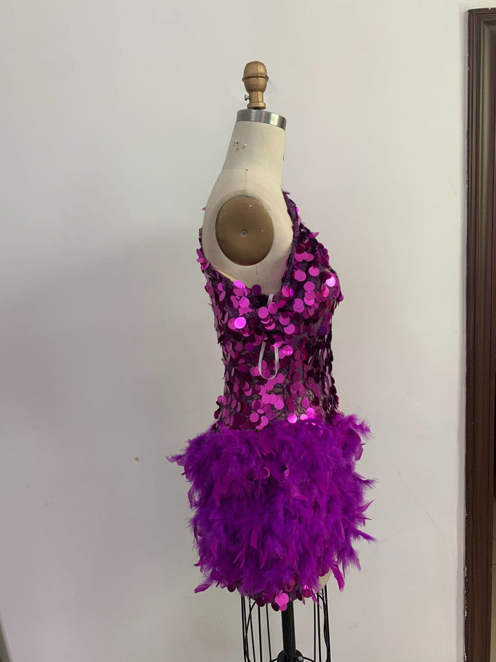 Luxury Purple Sequined Feather Skirt One-shoulder Sleeve Short Dress