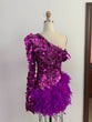 Luxury Purple Sequined Feather Skirt One-shoulder Sleeve Short Dress